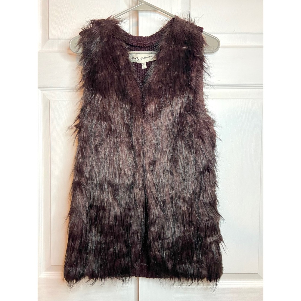 Sebby Collection Faux Fur Knit Back Vest Burgundy Shaggy Boho Y2K L